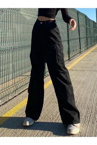 Urban Siyah Körüklü Kargo Cepli Y2k Unisex Bol Paça Jean
