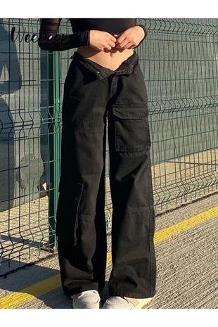 Urban Siyah Körüklü Kargo Cepli Y2k Unisex Bol Paça Jean