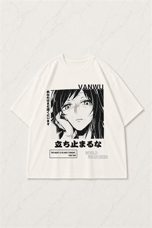 Vanwu Anime Detaylı Oversize Unisex Beyaz T-shirt