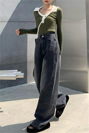Vintage Siyah Taşlanmış Vintage Kot Pantolon