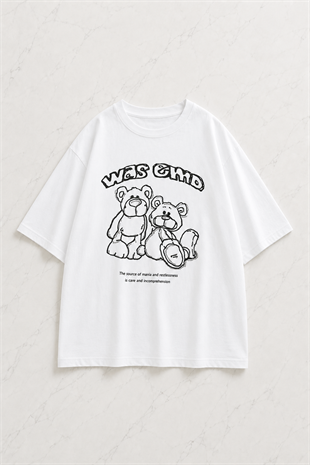 Was Emd Detaylı Oversize Unisex Beyaz T-shirt