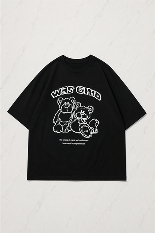 Was Emd Detaylı Oversize Unisex Siyah T-shirt