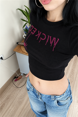 Wıcked Pembe Taş Baskılı Crop