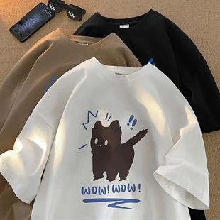 Wow Cat Detaylı Oversize Unisex Siyah T-shirt