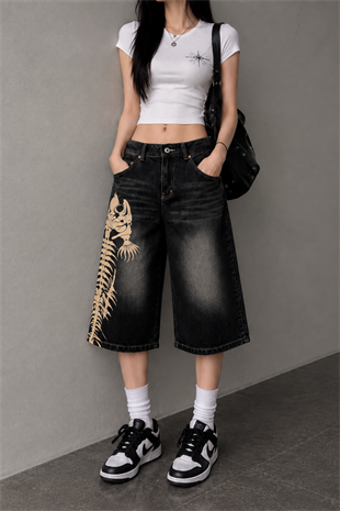 Y2K Balık İskeleti Baggy Denim Bermuda Şort