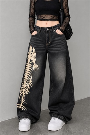 Y2K Balık İskeleti Baggy Unisex Jean Pantolon