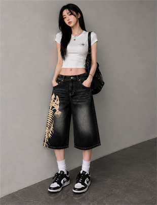 Y2K Balık İskeleti Baskılı Baggy Denim Bermuda Şort