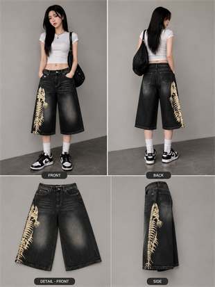 Y2K Balık İskeleti Baggy Denim Bermuda Şort