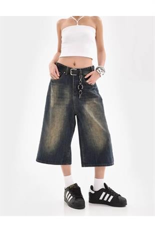 Y2k Eskitme Detail Baggy Kot Şort