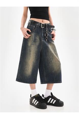 Y2k Eskitme Detail Baggy Kot Şort