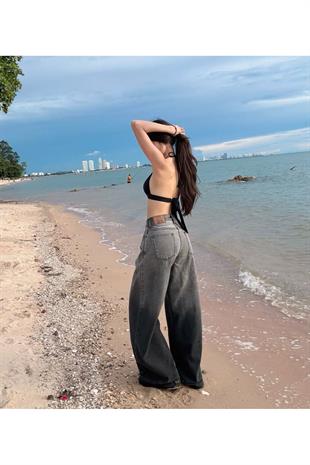 Y2k Gri Parçalı Baggy Jean Pantolon