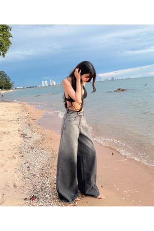 Y2k Gri Parçalı Baggy Jean Pantolon