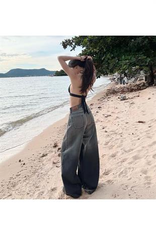Y2k Gri Parçalı Baggy Jean Pantolon