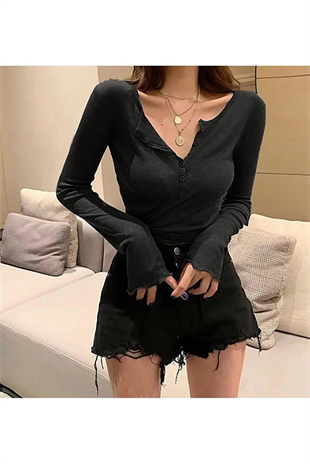 Y2k Kawaii Düğme Detay Geniş Yaka Siyah Uzun Kol Bluz