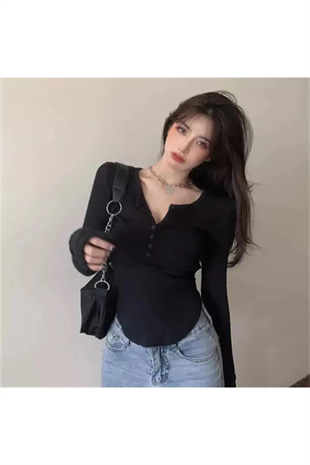 Y2k Kawaii Düğme Detay Geniş Yaka Siyah Uzun Kol Bluz