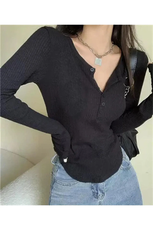 Y2k Kawaii Düğme Detay Geniş Yaka Siyah Uzun Kol Bluz
