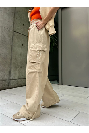 Y2k Krem Kargo Cep Detail Bol Paça Baggy Jean