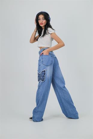 Y2k Mavi Baggy Unisex Oversize Butterfly Nakış Detail Pantolon
