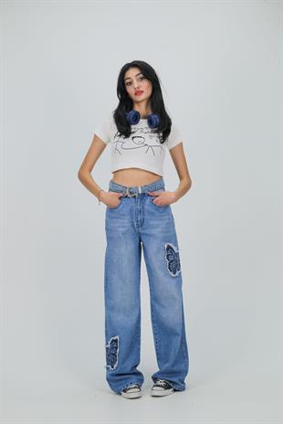 Y2k Mavi Baggy Unisex Oversize Butterfly Nakış Detail Pantolon