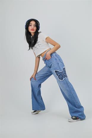 Y2k Mavi Baggy Unisex Oversize Butterfly Nakış Detail Pantolon