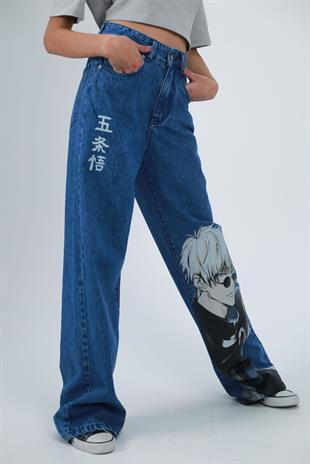 Y2k Mavi Baggy Unisex Yıkamalı Anime Baskılı Detail Pantolon
