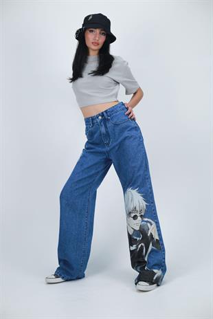 Y2k Mavi Baggy Unisex Yıkamalı Anime Baskılı Detail Pantolon