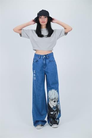 Y2k Mavi Baggy Unisex Yıkamalı Anime Baskılı Detail Pantolon