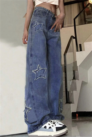 Y2k Mavi Y2k Stars Patch Detay Jeans 