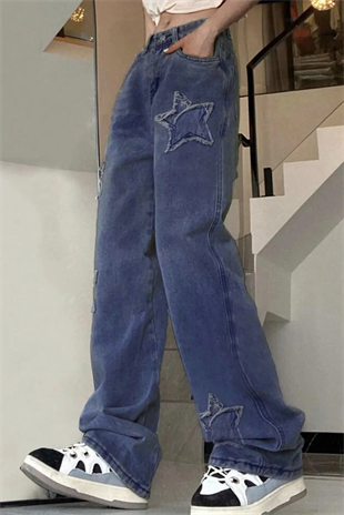 Y2k Mavi Y2k Stars Patch Detay Jeans 