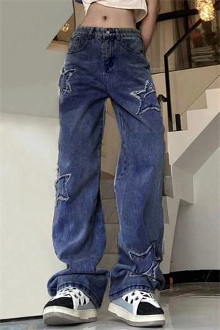 Y2k Mavi Y2k Stars Patch Detay Jeans 