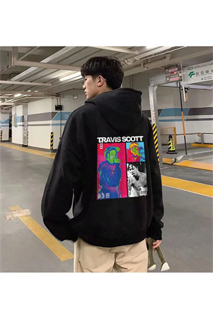 Y2k Oversize Bol Unisex Kapüşonlu Travis Scott Baskılı Sweatshirt