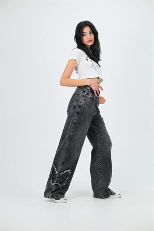 Y2k Siyah Baggy Unisex Oversize Butterfly Nakış Detail Pantolon