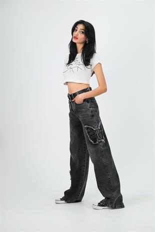 Y2k Siyah Baggy Unisex Oversize Butterfly Nakış Detail Pantolon