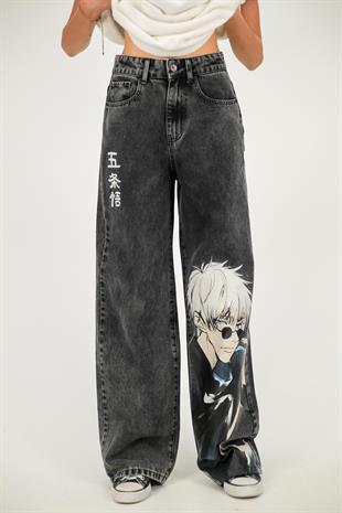Y2k Siyah Baggy Unisex Yıkamalı Anime Baskılı Detail Pantolon