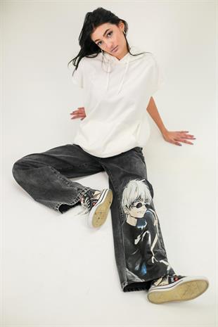 Y2k Siyah Baggy Unisex Yıkamalı Anime Baskılı Detail Pantolon