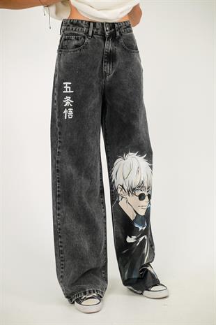 Y2k Siyah Baggy Unisex Yıkamalı Anime Baskılı Detail Pantolon