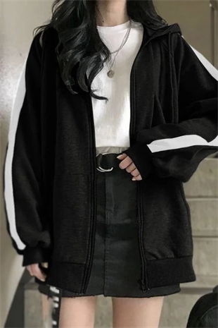 Y2k Siyah beyaz Line Detail Oversize Hırka