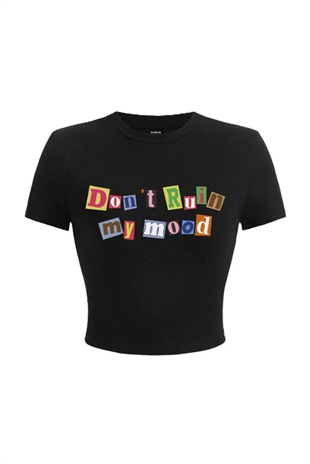 Y2k Slogan Baskılı Siyah Crop