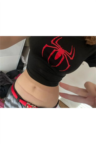Y2k Spider Baskılı Siyah Crop