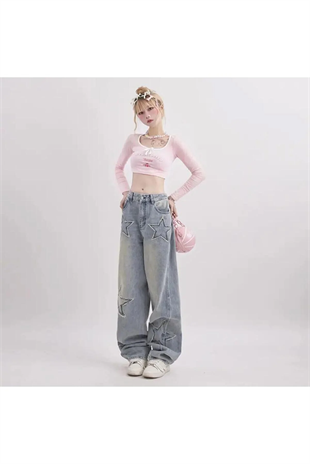 Y2k Streetwear Blue Yıldız Detail Unisex Baggy Tech Pantolon