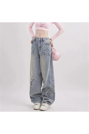 Y2k Streetwear Blue Yıldız Detail Unisex Baggy Tech Pantolon