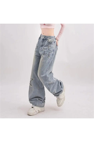 Y2k Streetwear Blue Yıldız Detail Unisex Baggy Tech Pantolon