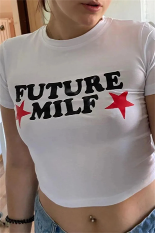 Y2k Tech Beyaz Future Milf Baskılı Crop