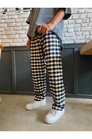 Y2K UNİSEX BELİ LASTİKLİ SİYAH BEYAZ EKOSE BOL PAÇA PANTOLON