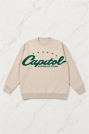Y2K Vintage Harajuku Star Capitol Ön Arka Baskılı Unisex Oversize Ecru Kazak