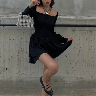 Yeni Siyah Mini Düğmeli Bağcıklı Uzun Kollu Elbise-rf