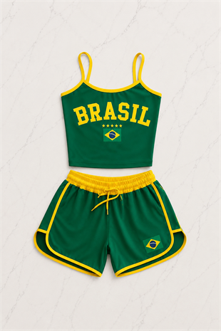 Yeşil Brasil Askılı Crop - Şort Takım
