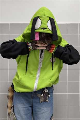 Yeşil Invader Zim Gir Kulaklı Y2K Unisex Hırka