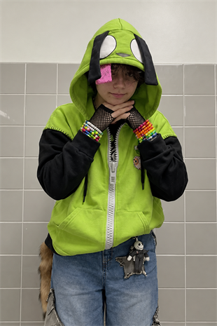 Yeşil Invader Zim Gir Kulaklı Y2K Unisex Hırka