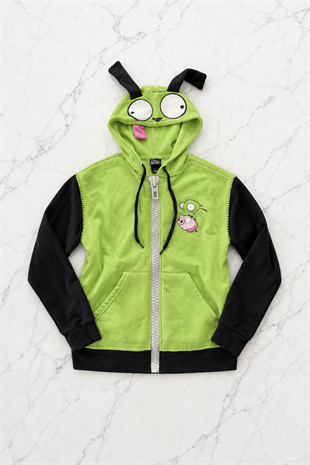 Yeşil Invader Zim Gir Kulaklı Y2K Unisex Hırka